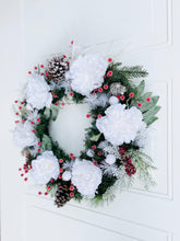 Load image into Gallery viewer, Snow White Peonies On Pine Winter Holiday Wreath
