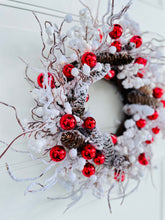 Load image into Gallery viewer, Red Ornaments & Flocked Winter Holiday Wreath