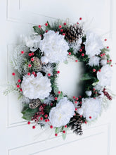 Load image into Gallery viewer, Snow White Peonies On Pine Winter Holiday Wreath