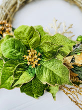 Load image into Gallery viewer, Green & Gold Poinsettia Winter Holiday Wreath