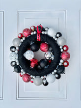 Load image into Gallery viewer, Red, Black, White, & Silver Ornaments Holiday Wreath