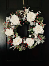 Load image into Gallery viewer, Snow White Peonies On Pine Winter Holiday Wreath