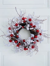 Load image into Gallery viewer, Red Ornaments & Flocked Winter Holiday Wreath