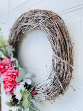 Load image into Gallery viewer, Flocked Peonies Winter Holiday Wreath