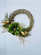 Load image into Gallery viewer, Green & Gold Poinsettia Winter Holiday Wreath