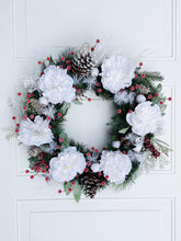 Load image into Gallery viewer, Snow White Peonies On Pine Winter Holiday Wreath