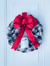 Load image into Gallery viewer, White Owl on Buffalo Check Winter Wreath