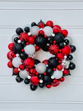 Load image into Gallery viewer, Red, Black, White, & Silver Ornaments Holiday Wreath