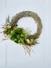 Load image into Gallery viewer, Green & Gold Poinsettia Winter Holiday Wreath