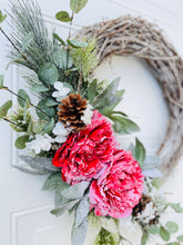 Load image into Gallery viewer, Flocked Peonies Winter Holiday Wreath