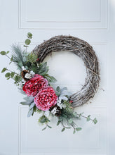 Load image into Gallery viewer, Flocked Peonies Winter Holiday Wreath