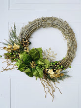 Load image into Gallery viewer, Green & Gold Poinsettia Winter Holiday Wreath