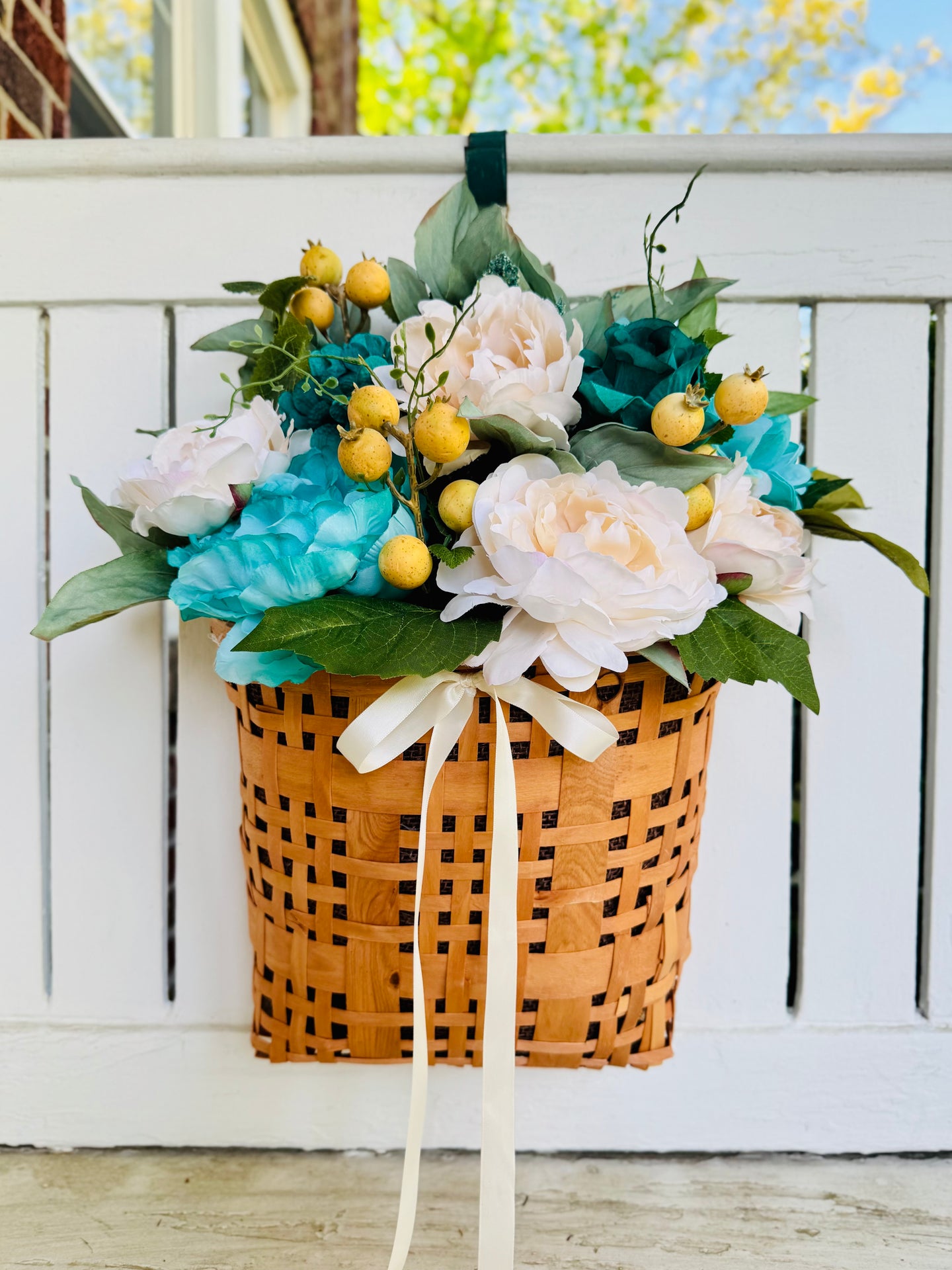 Teal & White Peony Basket