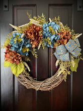 Load image into Gallery viewer, Blue &amp; Brown Hydrangea Fall Wreath
