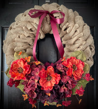 Load image into Gallery viewer, Hydrangea on Natural Burlap Fall Wreath
