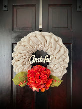 Load image into Gallery viewer, Hydrangea on White Burlap Fall Wreath

