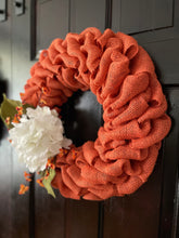 Load image into Gallery viewer, Hydrangea on Orange Burlap Fall Wreath
