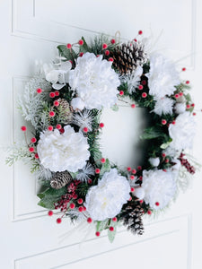 Snow White Peonies On Pine Winter Holiday Wreath