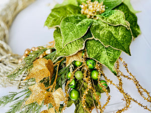 Green & Gold Poinsettia Winter Holiday Wreath