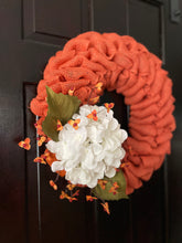 Load image into Gallery viewer, Hydrangea on Orange Burlap Fall Wreath
