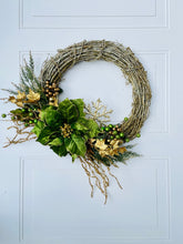 Load image into Gallery viewer, Green &amp; Gold Poinsettia Winter Holiday Wreath
