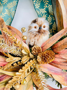 Copper Leaf & Owl on Pine Winter Holiday Wreath