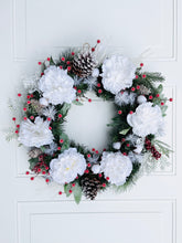 Load image into Gallery viewer, Snow White Peonies On Pine Winter Holiday Wreath
