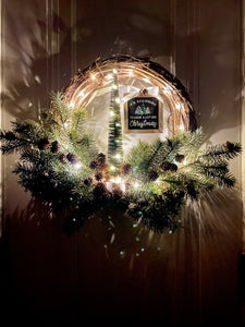 Pine Evergreen Winter Holiday Wreath with Fairy Lights