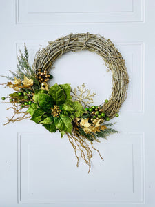 Green & Gold Poinsettia Winter Holiday Wreath