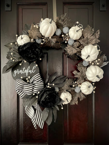 Black & White Pumpkin & Leaves Fall Wreath