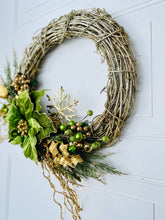 Load image into Gallery viewer, Green &amp; Gold Poinsettia Winter Holiday Wreath
