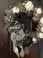 Load image into Gallery viewer, Black &amp; White Pumpkin &amp; Leaves Fall Wreath

