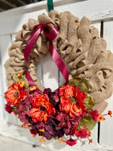 Load image into Gallery viewer, Hydrangea on Natural Burlap Fall Wreath

