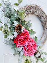 Load image into Gallery viewer, Flocked Peonies Winter Holiday Wreath
