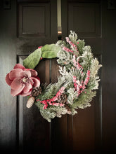 Load image into Gallery viewer, Flocked Magnolia &amp; Evergreen Winter Holiday Wreath
