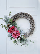Load image into Gallery viewer, Flocked Peonies Winter Holiday Wreath
