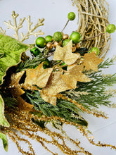 Load image into Gallery viewer, Green &amp; Gold Poinsettia Winter Holiday Wreath

